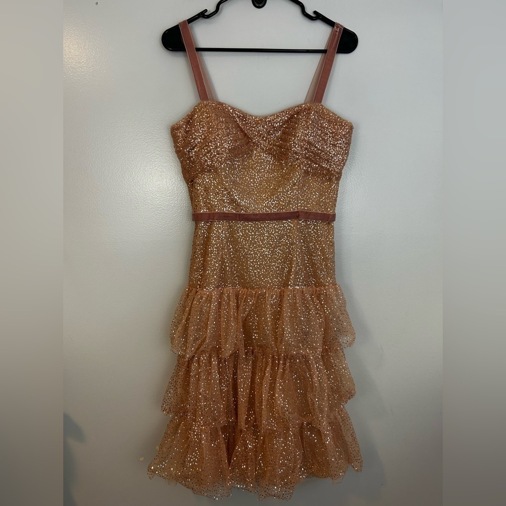 NWT Marchesa Notte Glitter Tulle Cocktail Dress in Rose Pink Gold Size 6